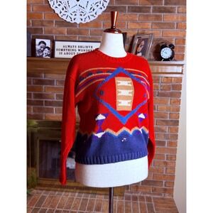 Crazy Horse Sweater Womens Red Vintage Southwestern Geometric Ramie Cotton M